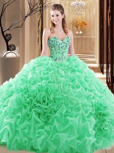 Ideal Fabric With Rolling Flowers Sleeveless Floor Length Sweet 16 Quinceanera Dress and Embroidery and Ruffles and Pick Ups