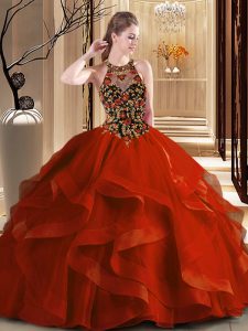 Best Selling Scoop Backless Tulle Sleeveless 15 Quinceanera Dress Brush Train and Embroidery and Ruffles