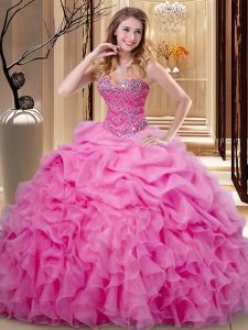 Extravagant Rose Pink Vestidos de Quinceanera Military Ball and Sweet 16 and Quinceanera and For with Beading and Ruffles and Pick Ups Sweetheart Sleeveless Lace Up
