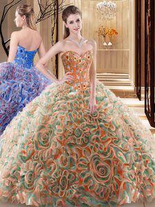 Delicate Multi-color Sweetheart Lace Up Embroidery and Ruffles 15th Birthday Dress Brush Train Sleeveless