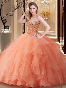 Peach Ball Gowns Sweetheart Sleeveless Tulle Floor Length Lace Up Beading Ball Gown Prom Dress