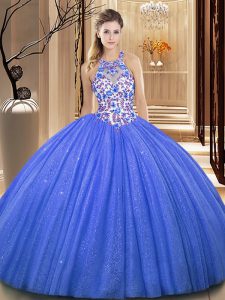 Smart High-neck Sleeveless Lace Up Sweet 16 Quinceanera Dress Blue Organza