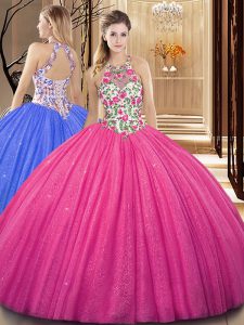 Pretty Hot Pink Tulle Backless Scoop Sleeveless Floor Length Vestidos de Quinceanera Embroidery and Sequins