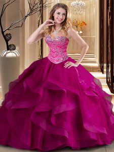 Glamorous Floor Length Fuchsia Ball Gown Prom Dress Tulle Sleeveless Beading and Ruffles