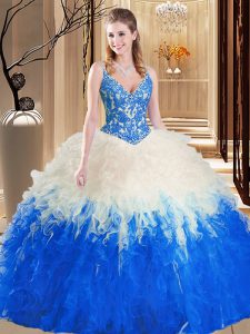 Romantic Blue And White 15th Birthday Dress Military Ball and Sweet 16 and Quinceanera and For with Lace and Ruffles Straps Sleeveless Lace Up