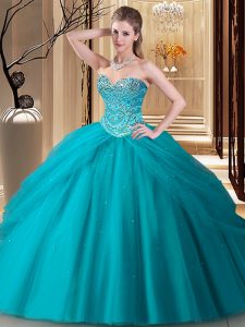 Chic Sweetheart Sleeveless Quince Ball Gowns Floor Length Beading Teal Tulle