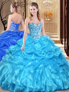 Admirable Aqua Blue Sleeveless Organza Lace Up Vestidos de Quinceanera for Military Ball and Sweet 16 and Quinceanera