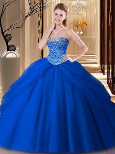 Free and Easy Royal Blue Tulle Lace Up Quinceanera Dresses Sleeveless Floor Length Beading