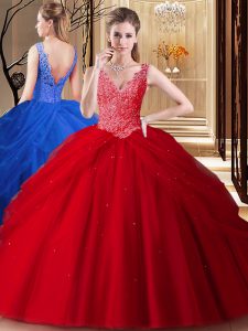 Floor Length Backless Sweet 16 Quinceanera Dress Red for Military Ball and Sweet 16 and Quinceanera with Lace and Appliques and Pick Ups