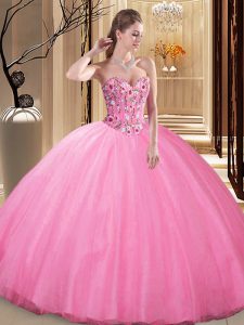 Fancy Rose Pink Tulle Lace Up Sweetheart Sleeveless Floor Length Quinceanera Dresses Embroidery