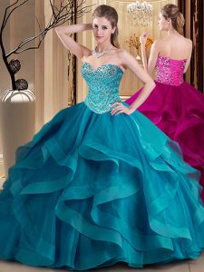 Vintage Teal Sweetheart Neckline Beading and Ruffles Sweet 16 Dresses Sleeveless Lace Up