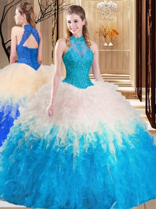 New Arrival Multi-color Backless High-neck Lace and Appliques and Ruffles Sweet 16 Dresses Tulle Sleeveless