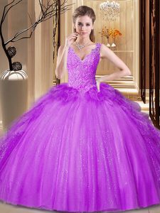 Purple Backless 15 Quinceanera Dress Appliques and Ruffles and Sequins Sleeveless Floor Length