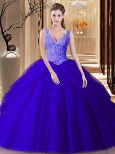 Trendy Royal Blue Ball Gowns Lace and Appliques and Pick Ups Quinceanera Dresses Backless Tulle Sleeveless Floor Length