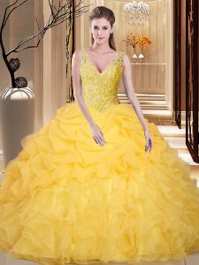 Beautiful Pick Ups Gold Sleeveless Organza Backless Quince Ball Gowns for Military Ball and Sweet 16 and Quinceanera