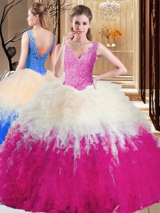 Free and Easy Multi-color Zipper V-neck Lace and Appliques and Ruffles Quince Ball Gowns Tulle Sleeveless