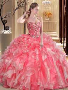 Watermelon Red Sweetheart Neckline Embroidery and Ruffles Ball Gown Prom Dress Sleeveless Lace Up
