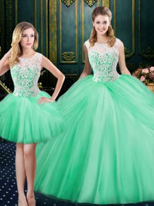 Custom Made Three Piece Scoop Pick Ups Floor Length Ball Gowns Sleeveless Apple Green Quinceanera Gowns Lace Up