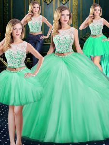 Customized Four Piece Apple Green Ball Gowns Tulle Scoop Sleeveless Lace and Pick Ups Floor Length Zipper Sweet 16 Dress