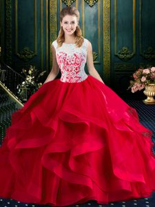 Red Tulle Zipper Square Sleeveless With Train Quinceanera Dresses Brush Train Lace and Ruffles