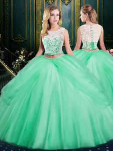 Apple Green Quinceanera Dress Military Ball and Sweet 16 and Quinceanera and For with Lace and Pick Ups Scoop Sleeveless Zipper