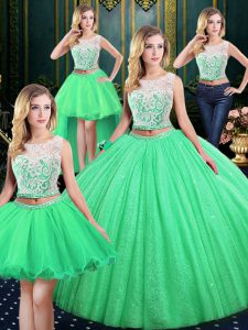 Four Piece Scoop Lace and Sequins Quinceanera Gown Lace Up Sleeveless Floor Length