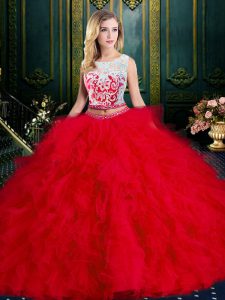 Low Price Scoop Lace and Ruffles Sweet 16 Dresses Red Zipper Sleeveless Floor Length