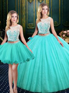 Designer Three Piece Blue Tulle and Sequined Lace Up Scoop Sleeveless Floor Length Quinceanera Gowns Lace and Sequins