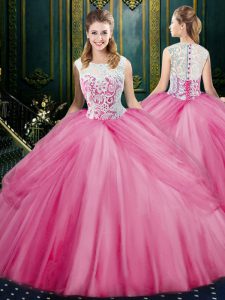 Rose Pink Scoop Neckline Lace and Pick Ups Ball Gown Prom Dress Sleeveless Zipper