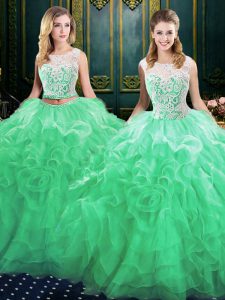 Scoop Sleeveless Sweet 16 Dresses Court Train Lace and Ruffles Green Organza