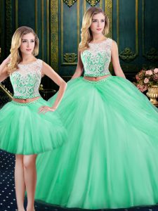 Shining Three Piece Apple Green Ball Gowns Scoop Sleeveless Satin and Tulle Floor Length Lace Up Lace and Pick Ups Quinceanera Dress