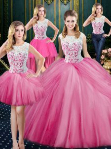 Four Piece Scoop Rose Pink Sleeveless Lace and Appliques and Pick Ups Floor Length Vestidos de Quinceanera