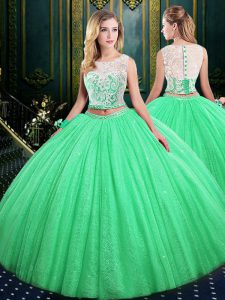 Scoop Floor Length Sweet 16 Quinceanera Dress Tulle and Sequined Sleeveless Lace and Sequins
