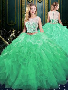 Scoop Green Zipper Quinceanera Gown Lace and Appliques and Ruffles Sleeveless Court Train