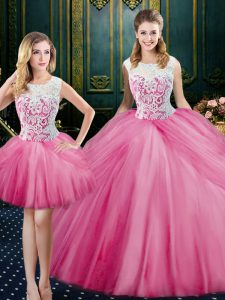 Custom Design Three Piece Pick Ups Scoop Sleeveless Zipper Quince Ball Gowns Pink Tulle