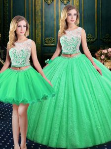 On Sale Three Piece Tulle and Sequined Lace Up Scoop Sleeveless Floor Length Quinceanera Gown Lace and Sequins