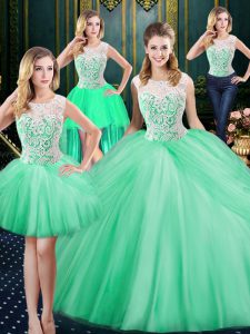 Fabulous Four Piece Scoop Pick Ups Floor Length Ball Gowns Sleeveless Apple Green Sweet 16 Dress Zipper