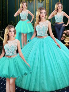 Four Piece Scoop Blue Lace Up Quinceanera Dress Lace and Sequins Sleeveless Floor Length