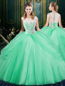 Lovely Apple Green Zipper Scoop Lace and Pick Ups Quinceanera Dress Tulle Sleeveless