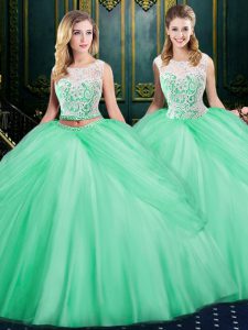 Custom Designed Scoop Sleeveless Quinceanera Gown Floor Length Lace and Pick Ups Apple Green Tulle