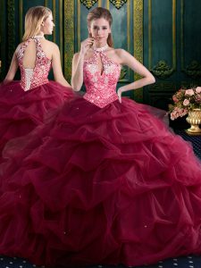 Classical Wine Red Ball Gowns Tulle Halter Top Sleeveless Beading and Ruffles and Pick Ups Floor Length Lace Up 15 Quinceanera Dress
