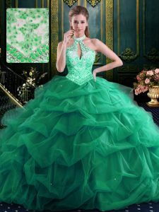 Custom Made Halter Top Sleeveless Organza and Tulle Floor Length Lace Up 15th Birthday Dress in Dark Green with Beading and Ruffles and Pick Ups