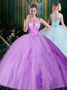 Lavender Ball Gowns Tulle Halter Top Sleeveless Beading and Lace and Ruffles Floor Length Lace Up Quinceanera Gown