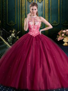 Elegant Halter Top Tulle High-neck Sleeveless Lace Up Beading and Lace and Appliques Sweet 16 Quinceanera Dress in Burgundy