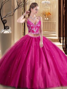 Elegant Sleeveless Tulle Floor Length Lace Up Party Dress for Girls in Hot Pink with Beading and Appliques