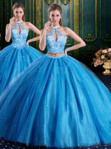 Baby Blue Lace Up Quinceanera Gown Beading and Appliques Sleeveless Floor Length
