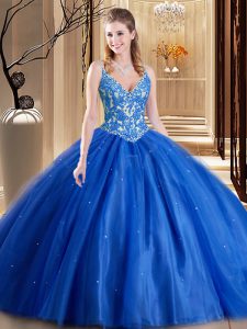 Popular Floor Length Blue Quinceanera Gown Spaghetti Straps Sleeveless Lace Up