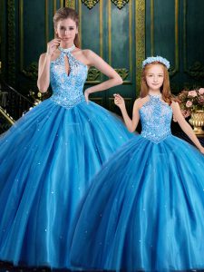 Superior Halter Top Baby Blue Ball Gowns High-neck Sleeveless Tulle Floor Length Lace Up Beading and Appliques Quince Ball Gowns