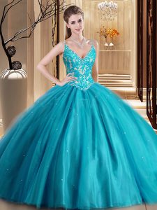 Teal Ball Gowns Spaghetti Straps Sleeveless Tulle Floor Length Lace Up Beading and Lace and Appliques Quinceanera Gown