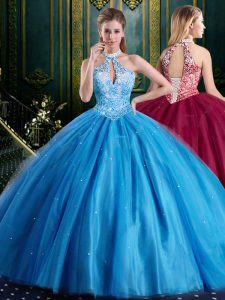 Colorful Halter Top Floor Length Ball Gowns Sleeveless Baby Blue Quince Ball Gowns Lace Up